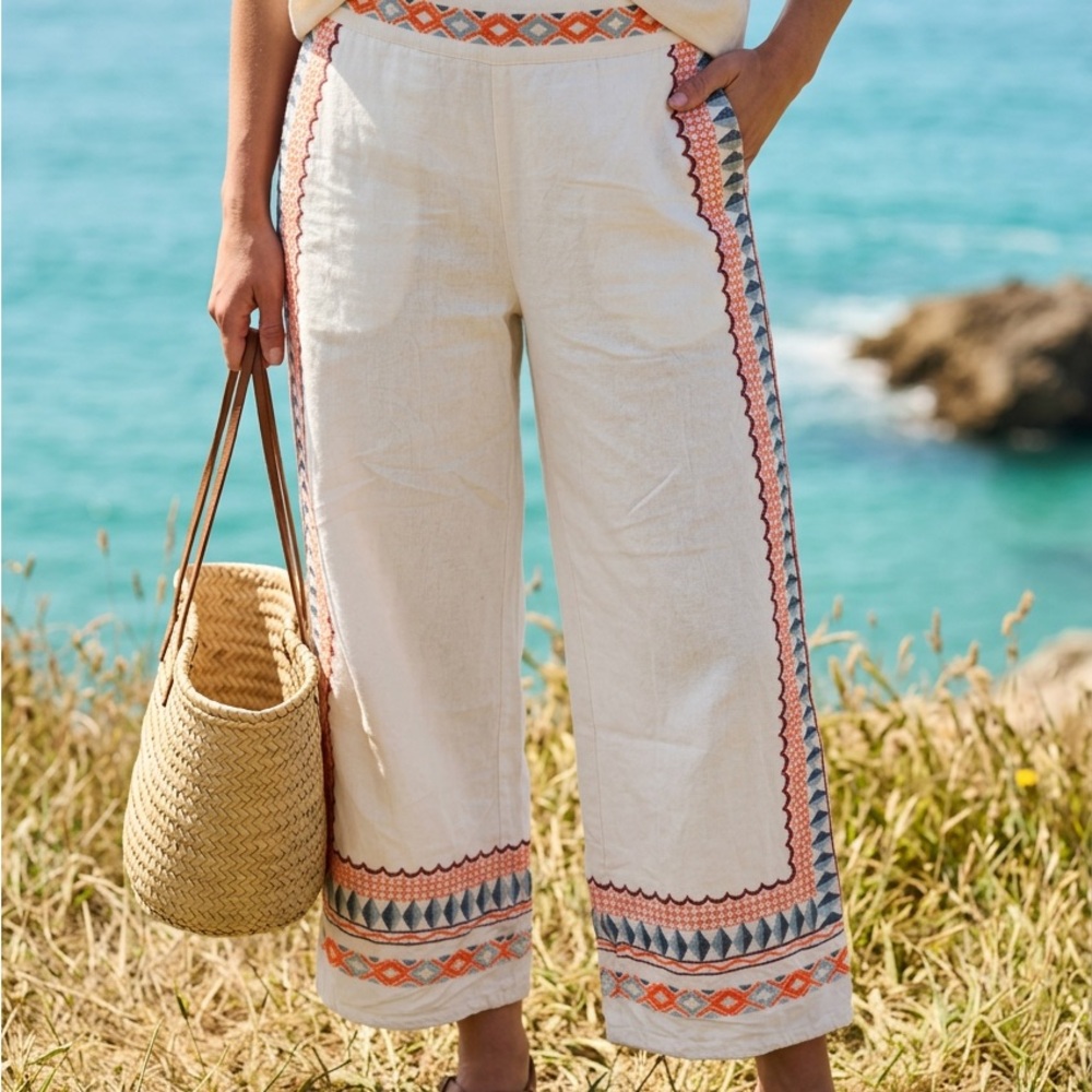 Anthropologie Cream Cropped Wide-Leg Pants with Orange & Blue Embroidery Boho